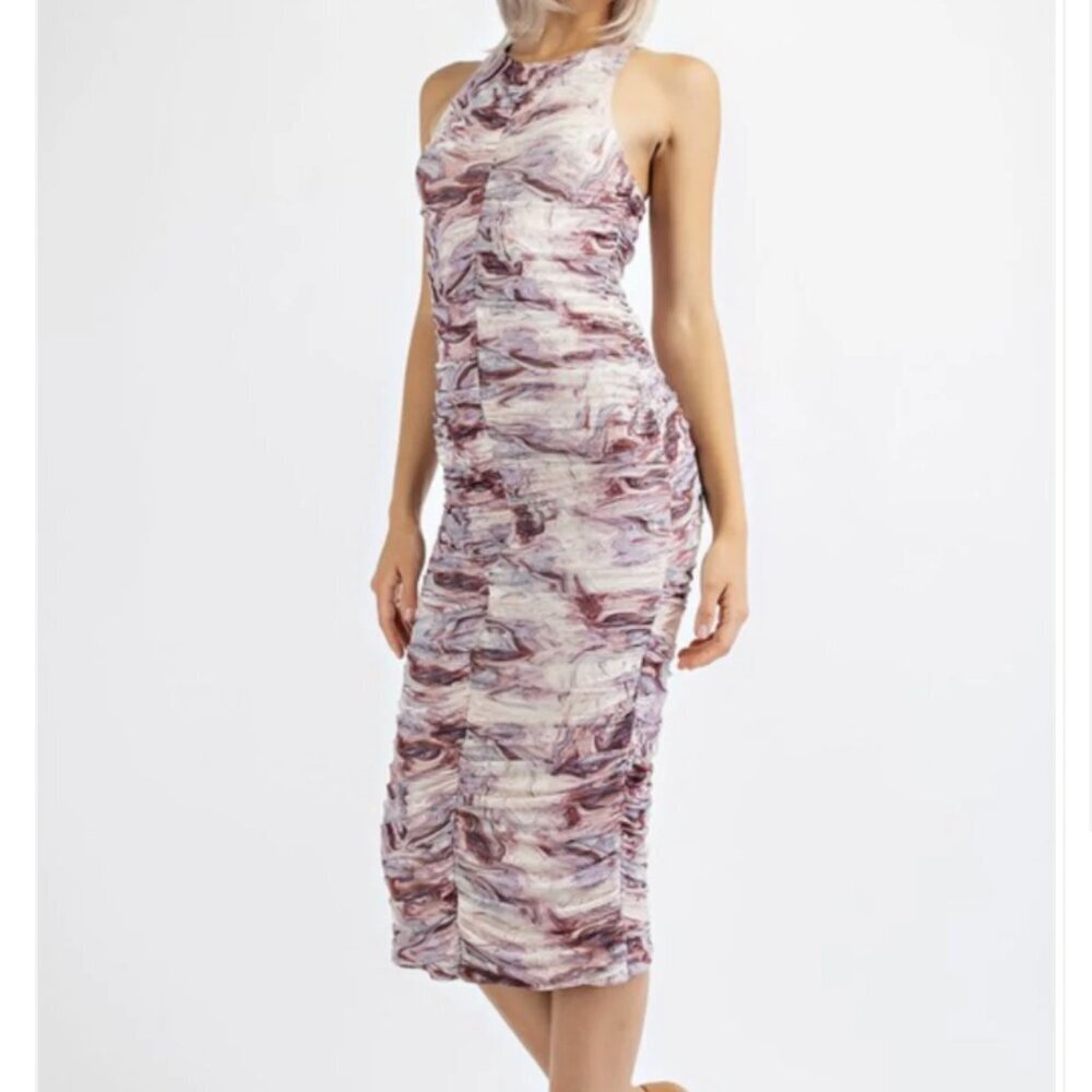 EDIT BY NINE Ruched Bodycon Candy Pink Tulle Stretch Print‎ Midi Dress S
